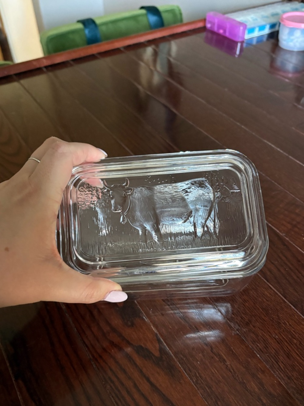 Vintage Butter Dish With Embossed Cow Arcoroc Glass